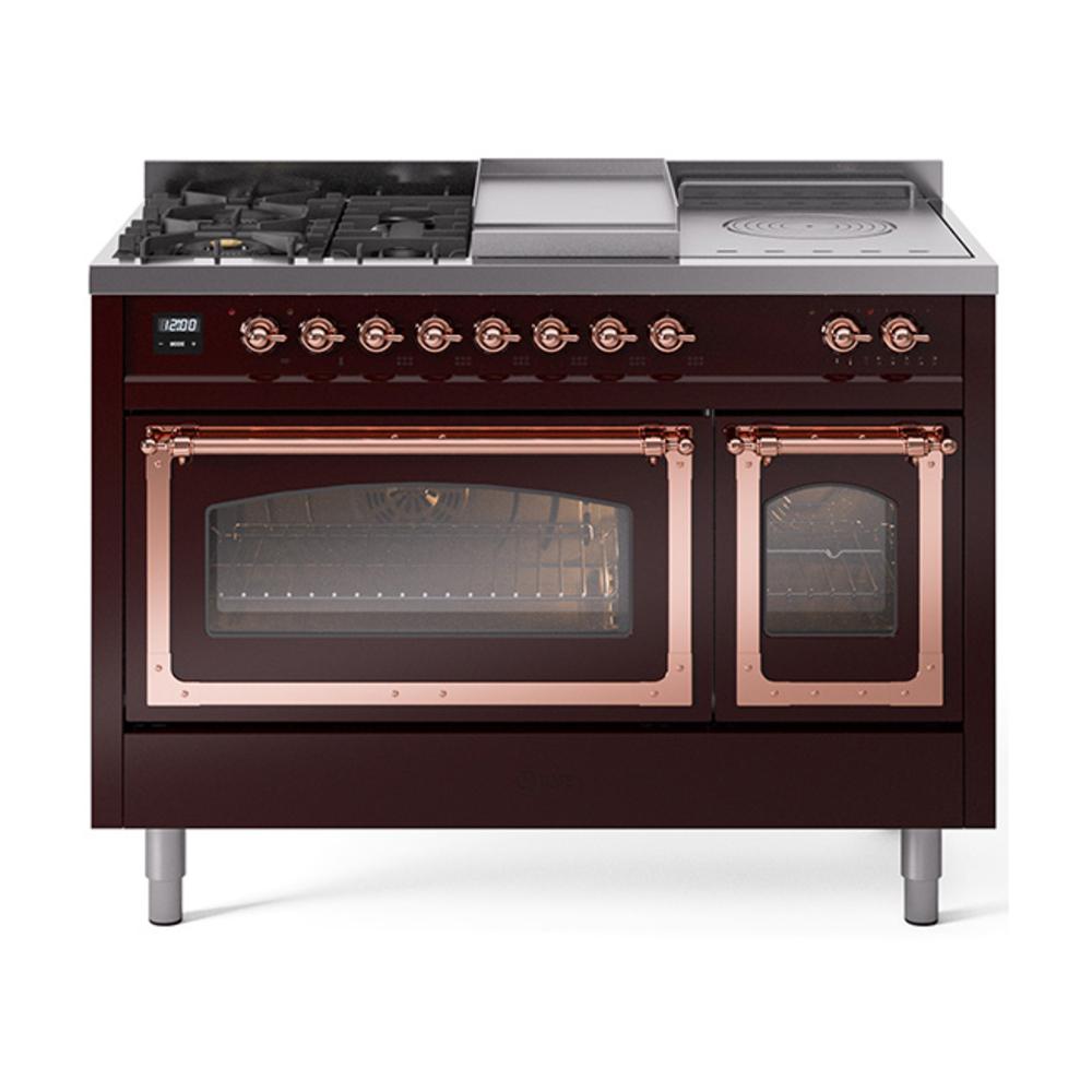Ilve UN48FSNMPBUP Ilve Un48Fsnmpbup Nostalgie Ii Noblesse 48" Dual Fuel Range (5 Sealed Burners + Griddle + French Top, Natural Gas, Triple Glass Door, Burgundy, Copper)