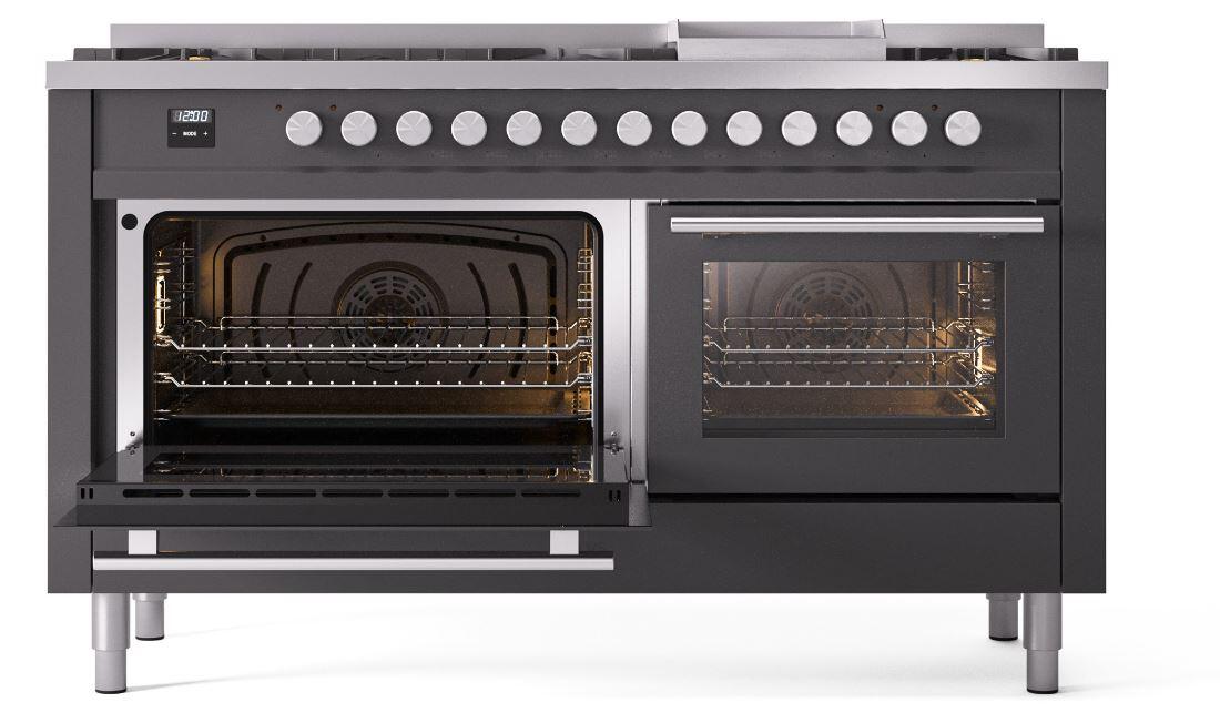 Ilve UP60FWMPMGLP Professional Plus Ii 60 Inch Dual Fuel Liquid Propane Freestanding Range In Matte Graphite With Trim
