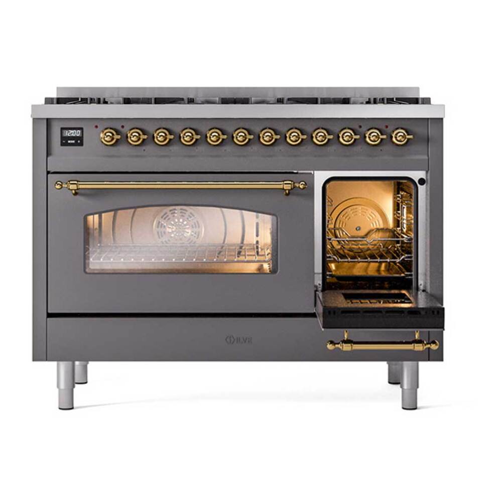 Ilve UP488NMPMGG Ilve Up488Nmpmgg Nostalgie Ii 48 Inch Dual Fuel Range With 8 Total Black Brass Sealed Burners, Brass Trim (Limited Edition) (Natural Gas, Graphite Matte)