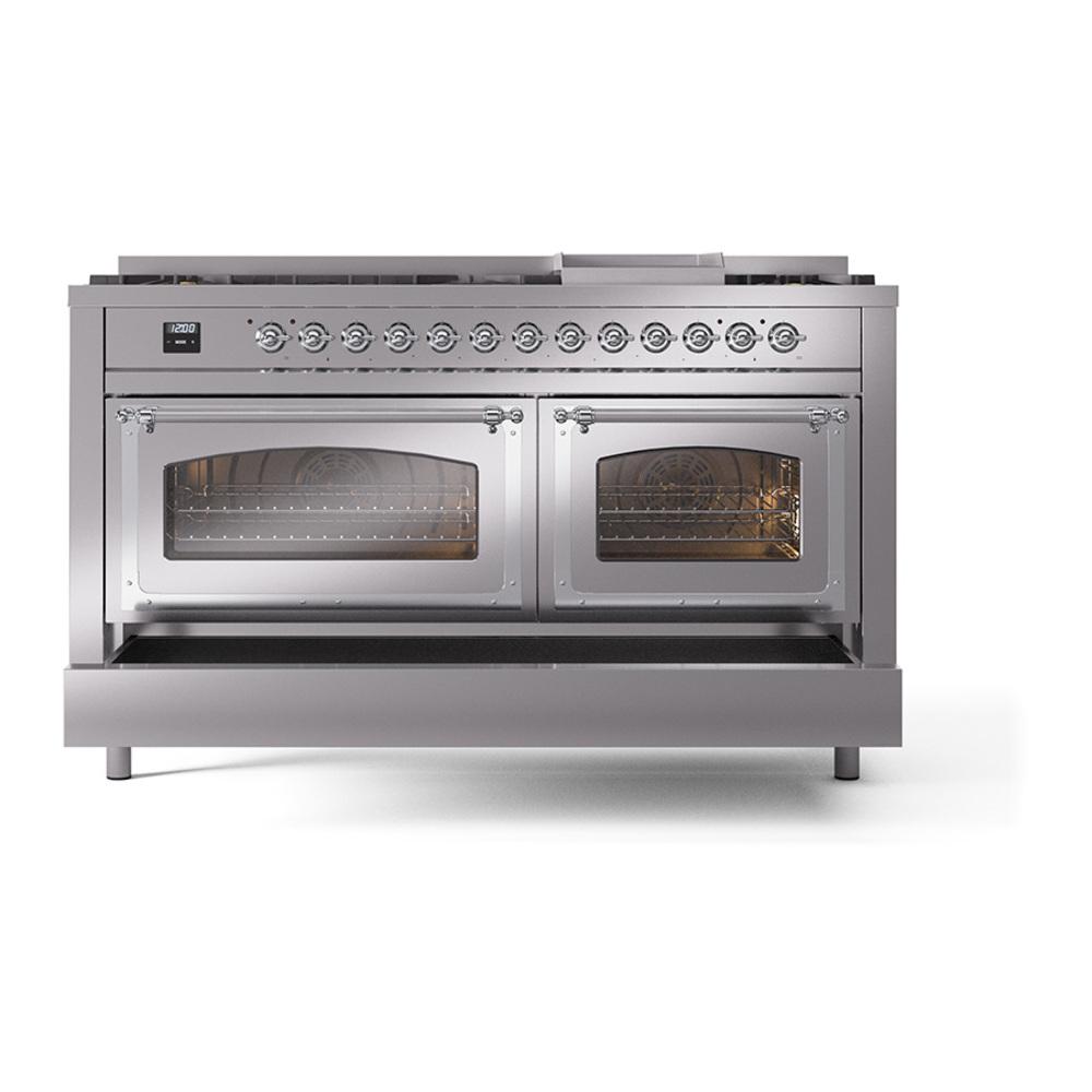 Ilve UN60FNMPSSCLP Ilve Un60Fnmpssclp Nostalgie Ii Noblesse 60" Dual Fuel Range (9 Sealed Burners + Griddle, Liquid Propane, Triple Glass Door, Stainless Steel, Chrome)