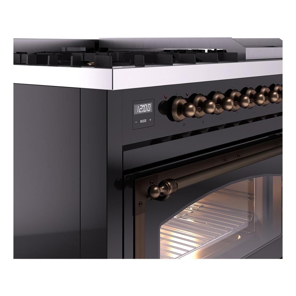 Ilve UN48FNMPBKB Ilve Un48Fnmpbkb Nostalgie Ii Noblesse 48" Dual Fuel Range (8 Sealed Burners + Griddle, Natural Gas, Triple Glass Door, Glossy Black, Burnished)