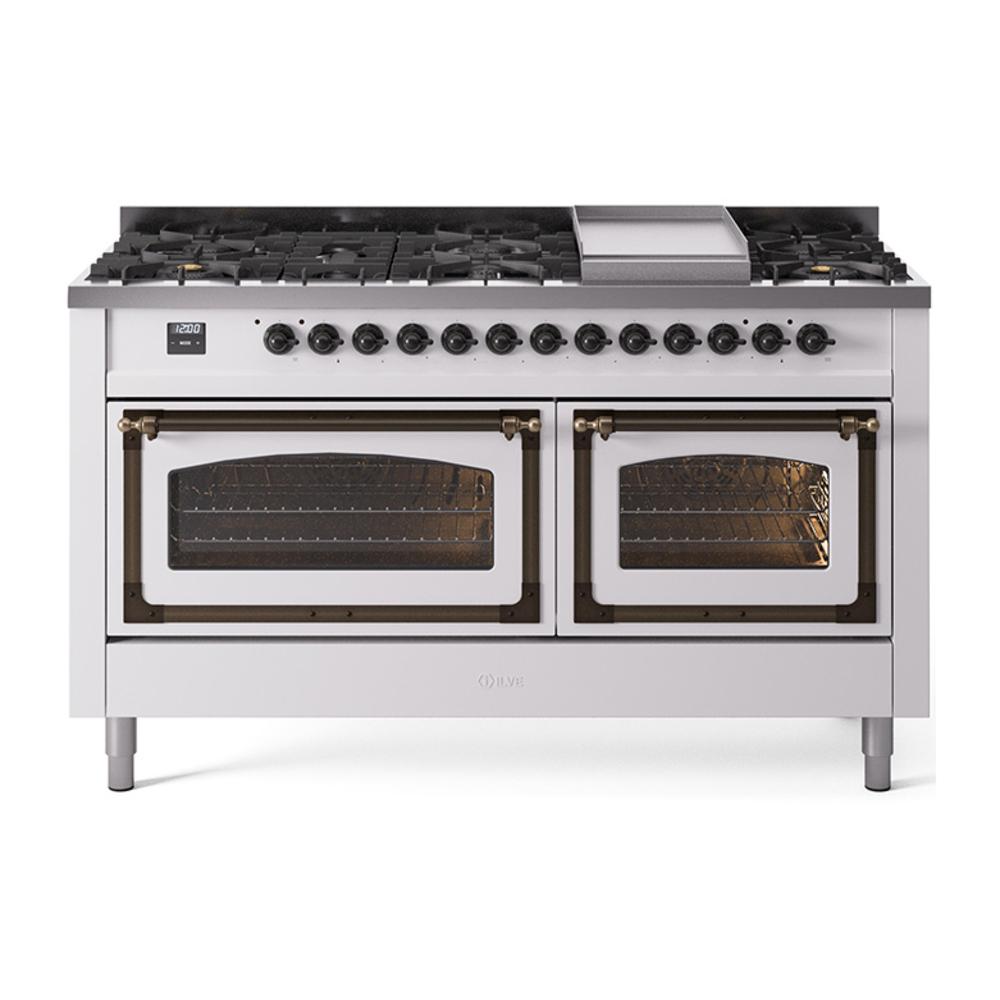 Ilve UN60FNMPWHB Ilve Un60Fnmpwhb Nostalgie Ii Noblesse 60" Dual Fuel Range (9 Sealed Burners + Griddle, Natural Gas, Triple Glass Door, White, Burnished)