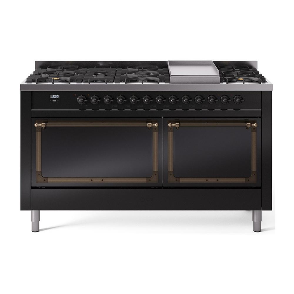 Ilve UN60FQNMPBKB Ilve Un60Fqnmpbkb Nostalgie Ii Noblesse 60" Dual Fuel Range (9 Sealed Burners + Griddle, Natural Gas, Solid Door, Glossy Black, Burnished)