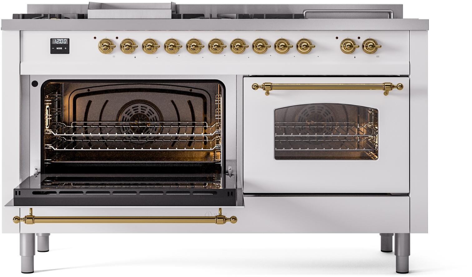 Ilve UP60FSNMPWHGLP Nostalgie Ii 60 Inch Dual Fuel Liquid Propane Freestanding Range In White With Brass Trim