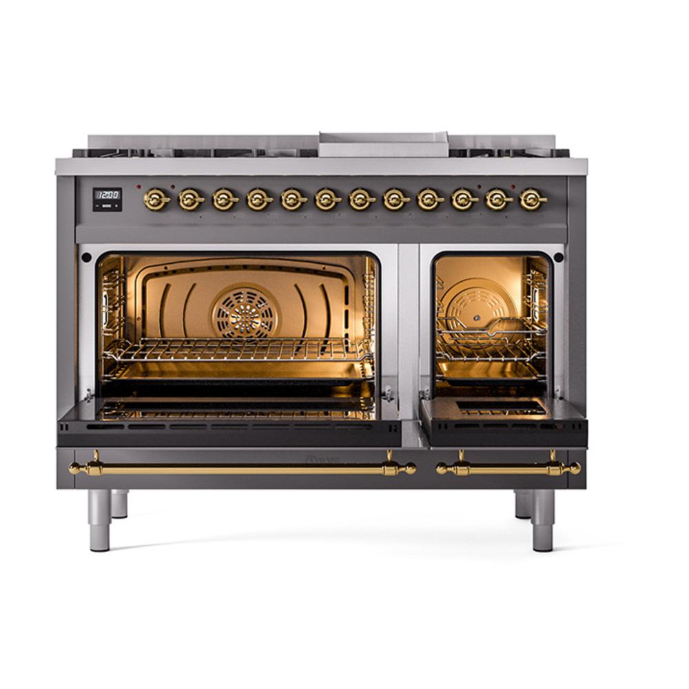 Ilve UN48FNMPMGGLP Ilve Un48Fnmpmgglp Nostalgie Ii Noblesse 48" Dual Fuel Range (8 Sealed Burners + Griddle, Liquid Propane, Triple Glass Door, Graphite Matte, Brass)