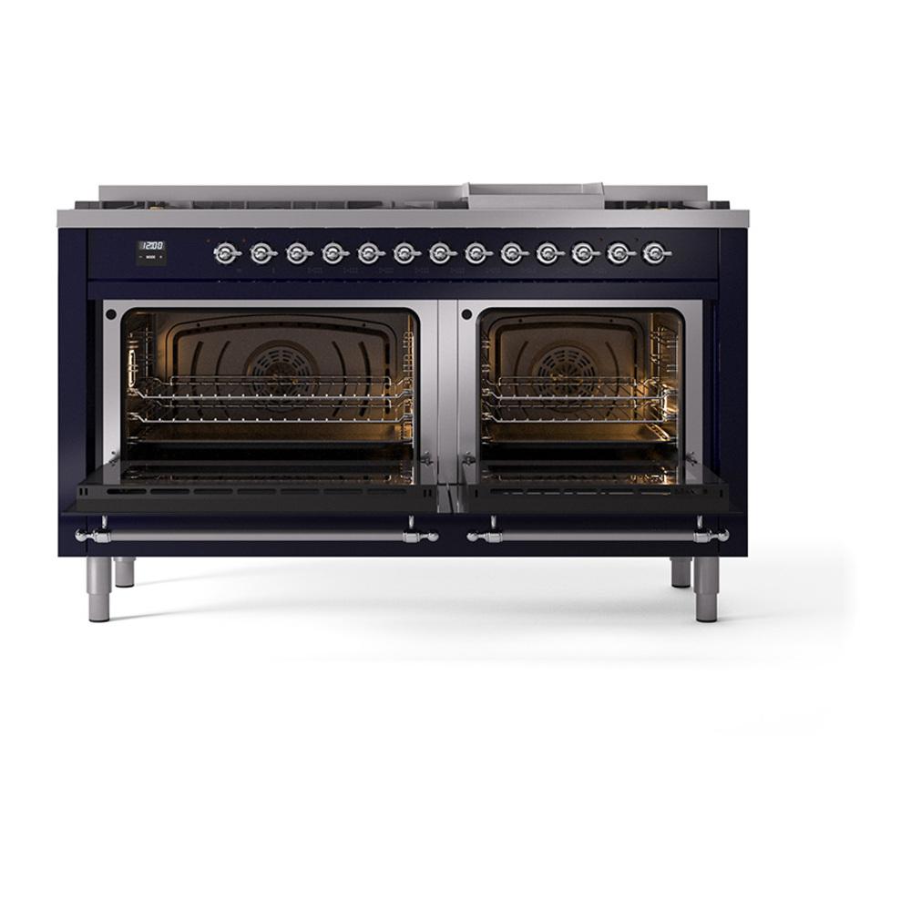 Ilve UN60FQNMPMBCLP Ilve Un60Fqnmpmbclp Nostalgie Ii Noblesse 60" Dual Fuel Range (9 Sealed Burners + Griddle, Liquid Propane, Solid Door, Midnight Blue, Chrome)