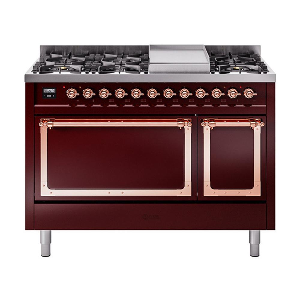 Ilve UN48FQNMPBUPLP Ilve Un48Fqnmpbuplp Nostalgie Ii Noblesse 48" Dual Fuel Range (8 Sealed Burners + Griddle, Liquid Propane, Solid Door, Burgundy, Copper)