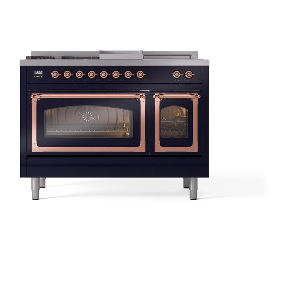 Ilve UN48FSNMPMBP Ilve Un48Fsnmpmbp Nostalgie Ii Noblesse 48" Dual Fuel Range (5 Sealed Burners + Griddle + French Top, Natural Gas, Triple Glass Door, Midnight Blue, Copper)