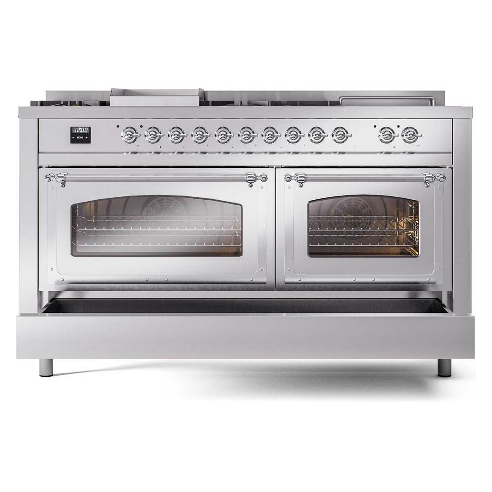 Ilve UN60FSNMPSSCLP Ilve Un60Fsnmpssclp Nostalgie Ii Noblesse 60" Dual Fuel Range (7 Sealed Burners + Griddle + French Top, Liquid Propane, Triple Glass Door, Stainless Steel, Chrome)