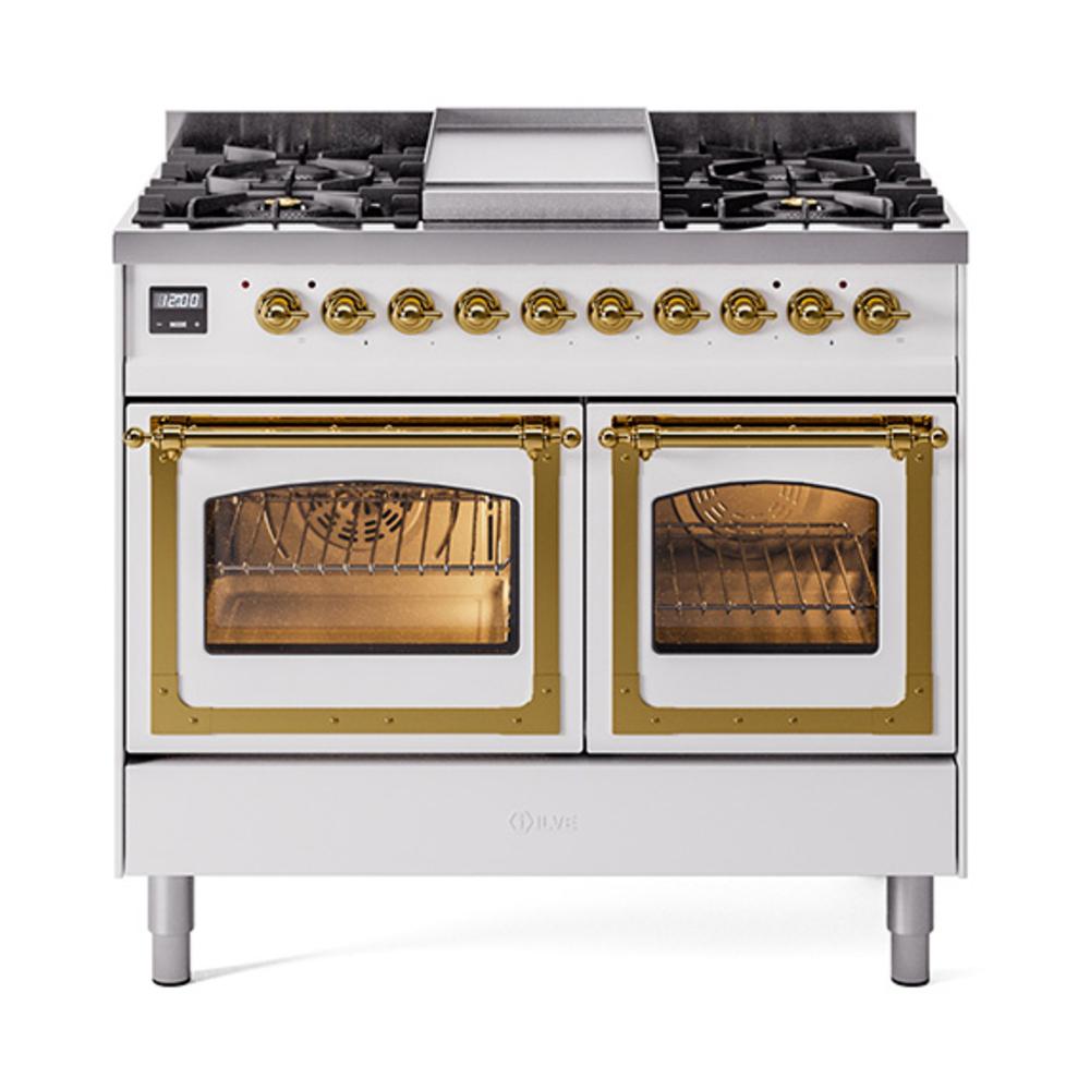 Ilve UND40FNMPWHG Ilve Und40Fnmpwhg Nostalgie Ii Noblesse 40" Dual Fuel Range (Natural Gas, Triple Glass Door, White, Brass)