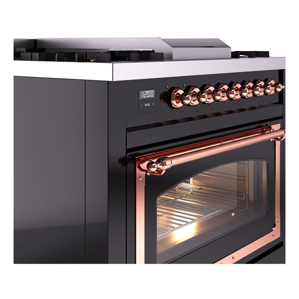 Ilve UN36FNMPBKP Ilve Un36Fnmpbkp Nostalgie Ii Noblesse 36" Dual Fuel Range (Natural Gas, Triple Glass Door, Glossy Black, Copper)