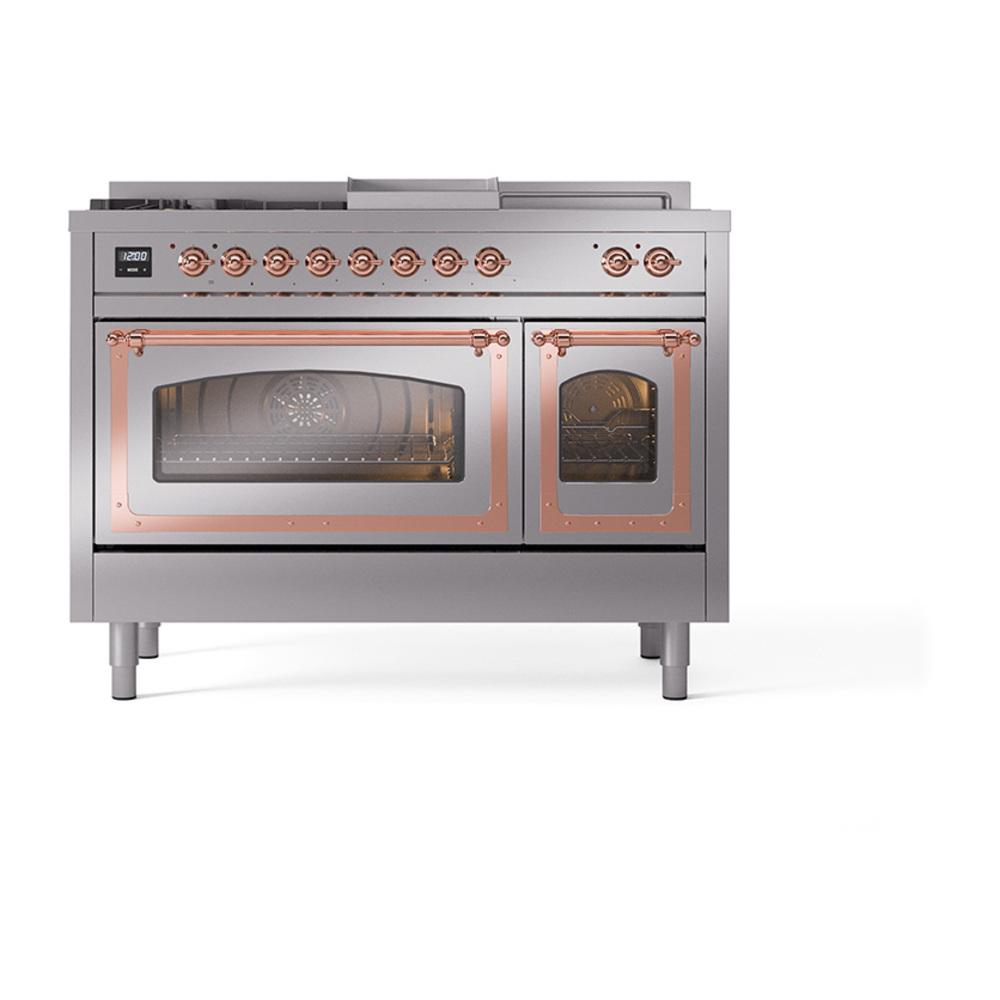 Ilve UN48FSNMPSSPLP Ilve Un48Fsnmpssplp Nostalgie Ii Noblesse 48" Dual Fuel Range (5 Sealed Burners + Griddle + French Top, Liquid Propane, Triple Glass Door, Stainless Steel, Copper)
