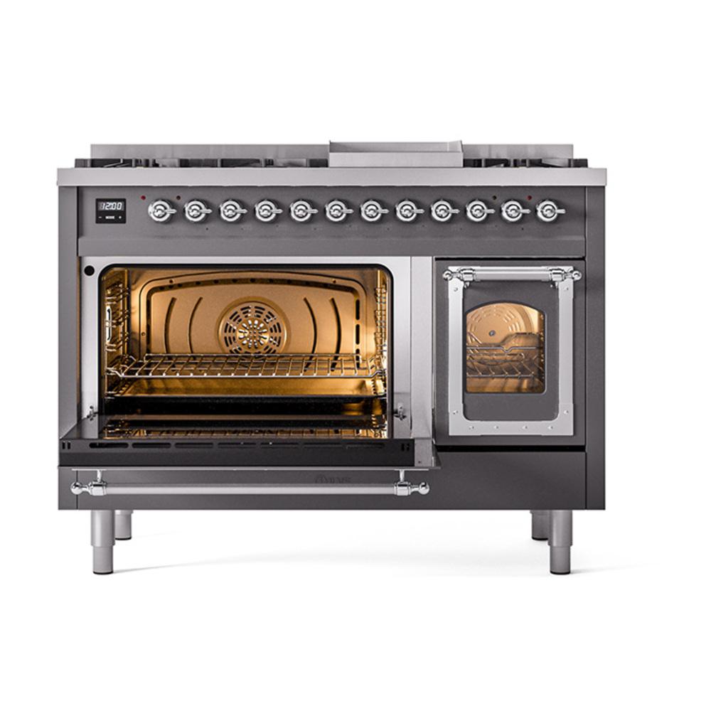 Ilve UN48FNMPMGC Ilve Un48Fnmpmgc Nostalgie Ii Noblesse 48" Dual Fuel Range (8 Sealed Burners + Griddle, Natural Gas, Triple Glass Door, Graphite Matte, Chrome)