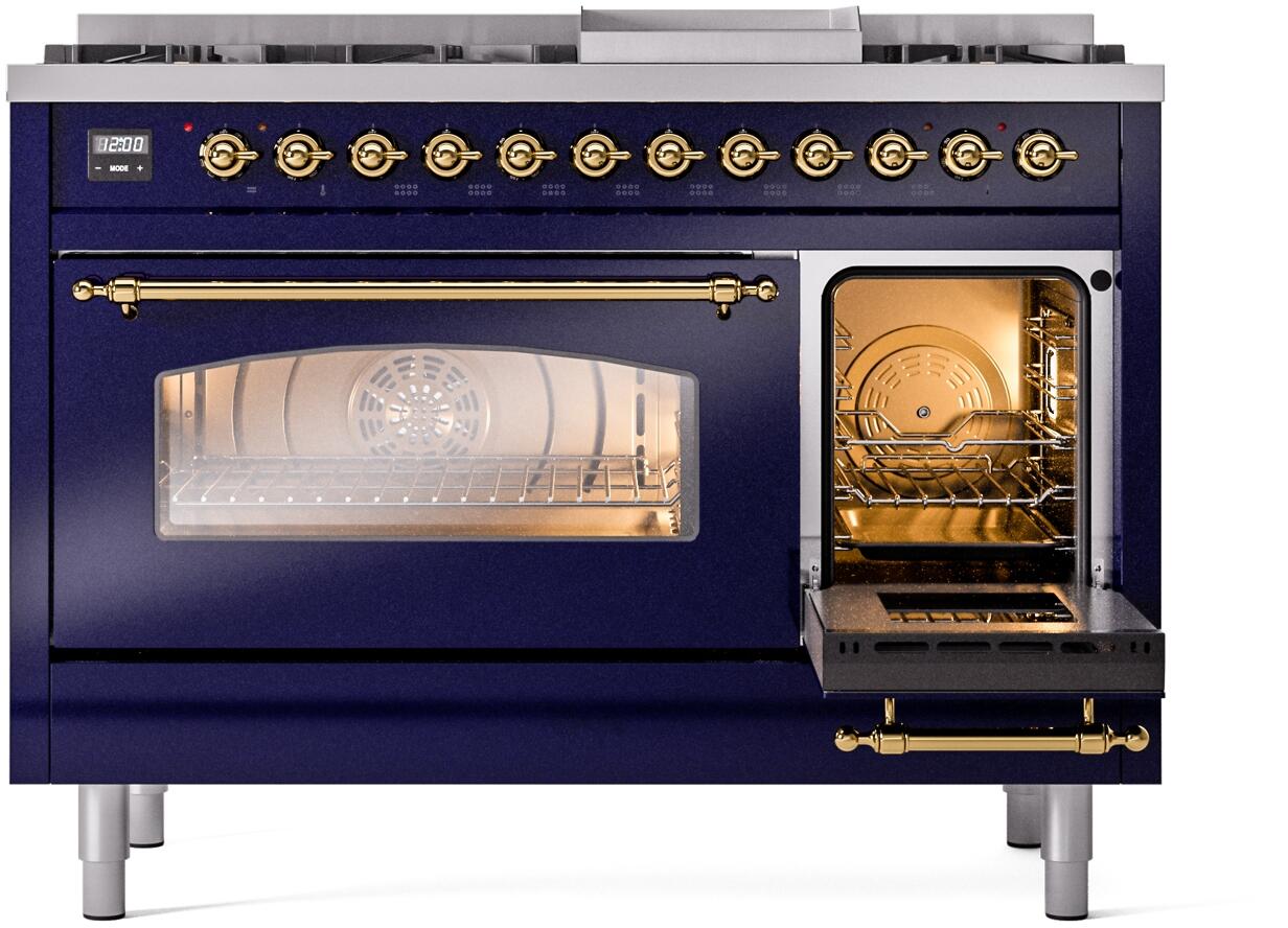 Ilve UP48FNMPMBGLP Nostalgie Ii 48 Inch Dual Fuel Liquid Propane Freestanding Range In Blue With Brass Trim