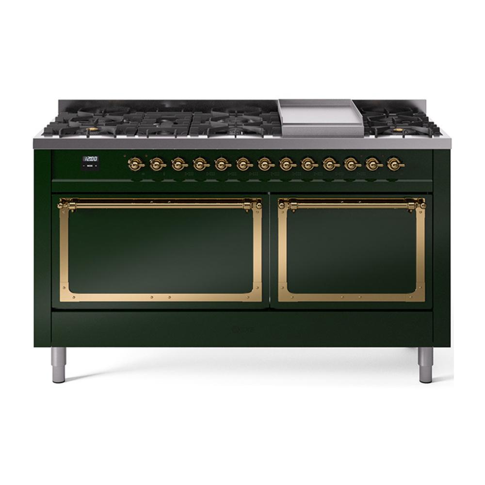 Ilve UN60FQNMPEGGLP Ilve Un60Fqnmpegglp Nostalgie Ii Noblesse 60" Dual Fuel Range (9 Sealed Burners + Griddle, Liquid Propane, Solid Door, Emerald Green, Brass)