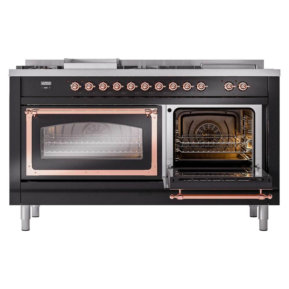 Ilve UN60FSNMPBKP Ilve Un60Fsnmpbkp Nostalgie Ii Noblesse 60" Dual Fuel Range (7 Sealed Burners + Griddle + French Top, Natural Gas, Triple Glass Door, Glossy Black, Copper)