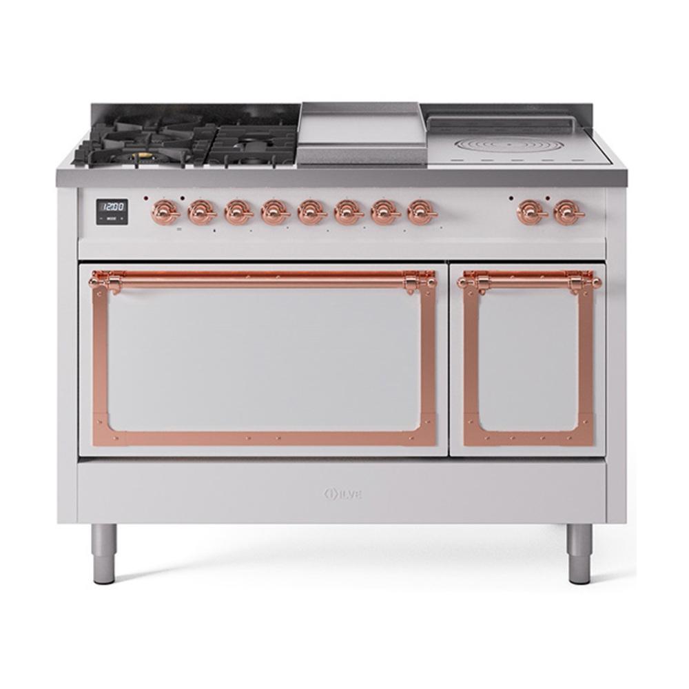 Ilve UN48FSQNMPWHP Ilve Un48Fsqnmpwhp Nostalgie Ii Noblesse 48" Dual Fuel Range (5 Sealed Burners + Griddle + French Top, Natural Gas, Solid Door, White, Copper)