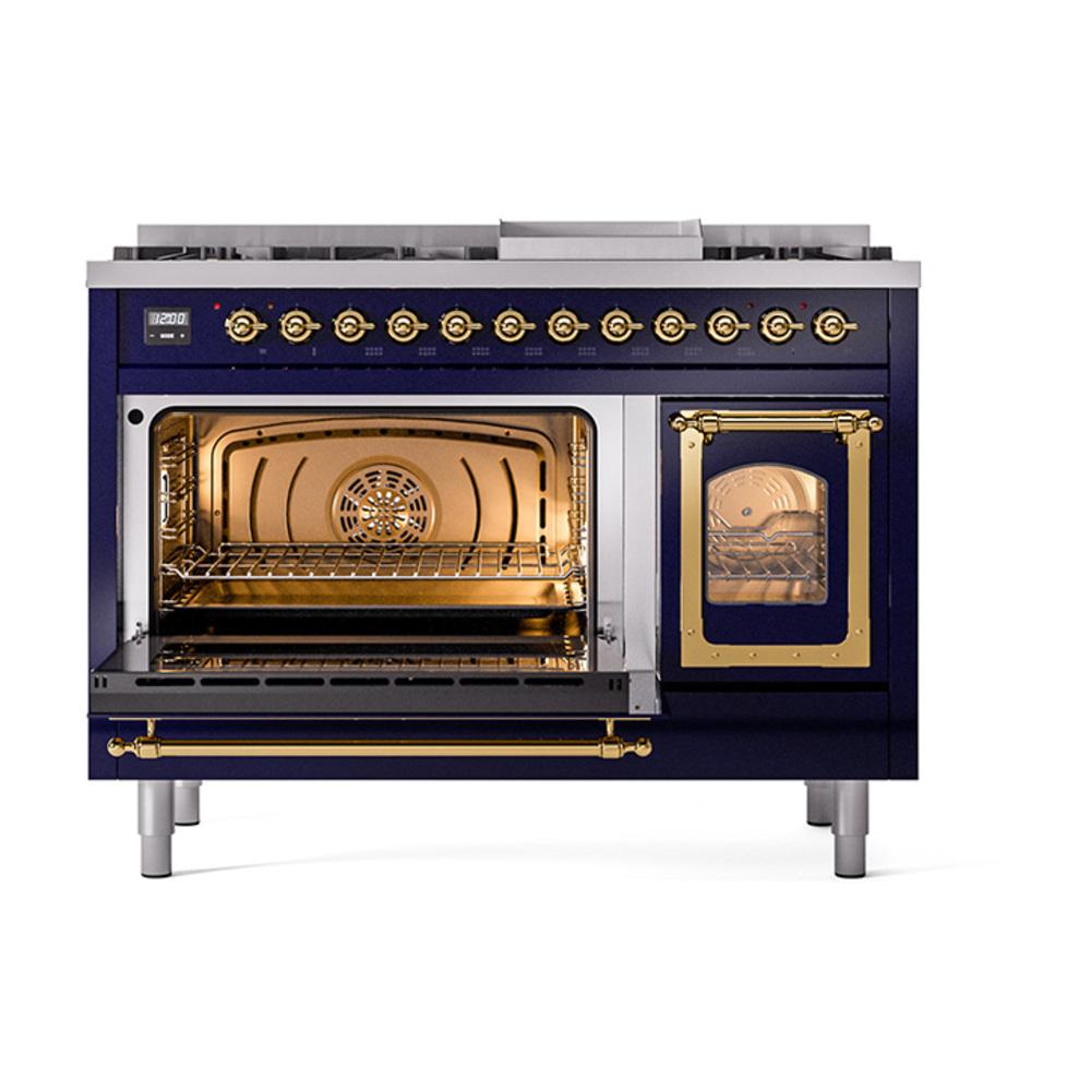 Ilve UN48FNMPMBGLP Ilve Un48Fnmpmbglp Nostalgie Ii Noblesse 48" Dual Fuel Range (8 Sealed Burners + Griddle, Liquid Propane, Triple Glass Door, Midnight Blue, Brass)