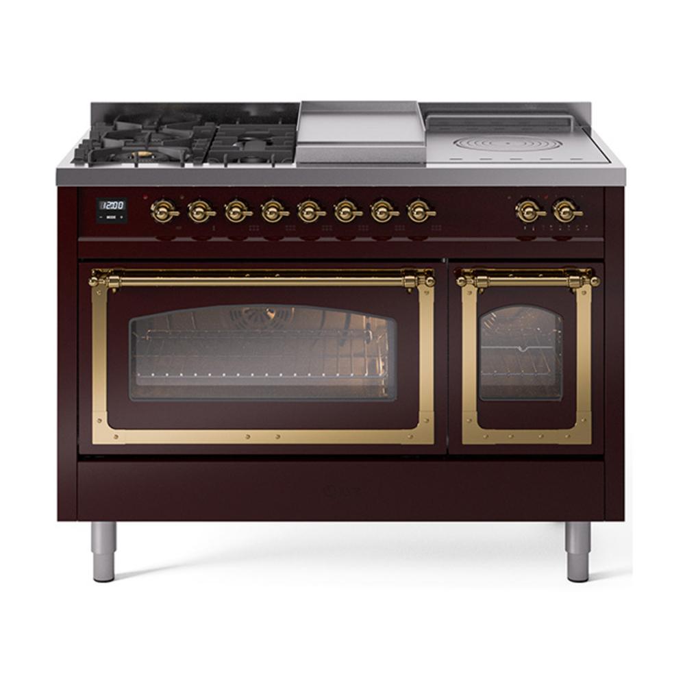 Ilve UN48FSNMPBUG Ilve Un48Fsnmpbug Nostalgie Ii Noblesse 48" Dual Fuel Range (5 Sealed Burners + Griddle + French Top, Natural Gas, Triple Glass Door, Burgundy, Brass)