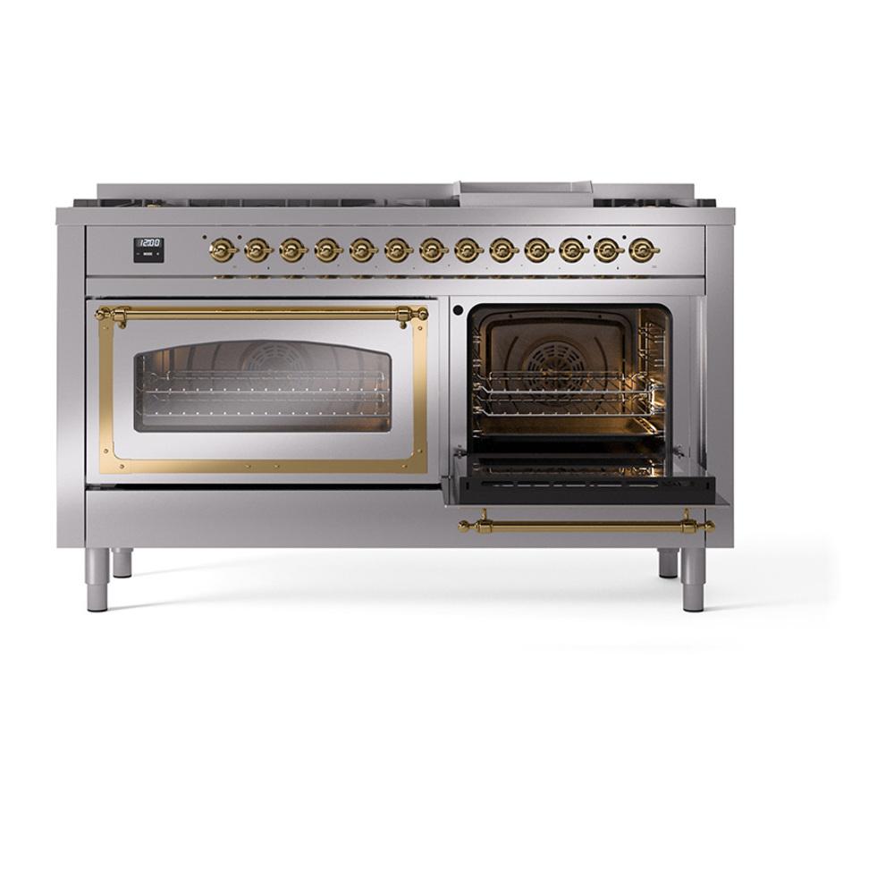 Ilve UN60FNMPSSGLP Ilve Un60Fnmpssglp Nostalgie Ii Noblesse 60" Dual Fuel Range (9 Sealed Burners + Griddle, Liquid Propane, Triple Glass Door, Stainless Steel, Brass)