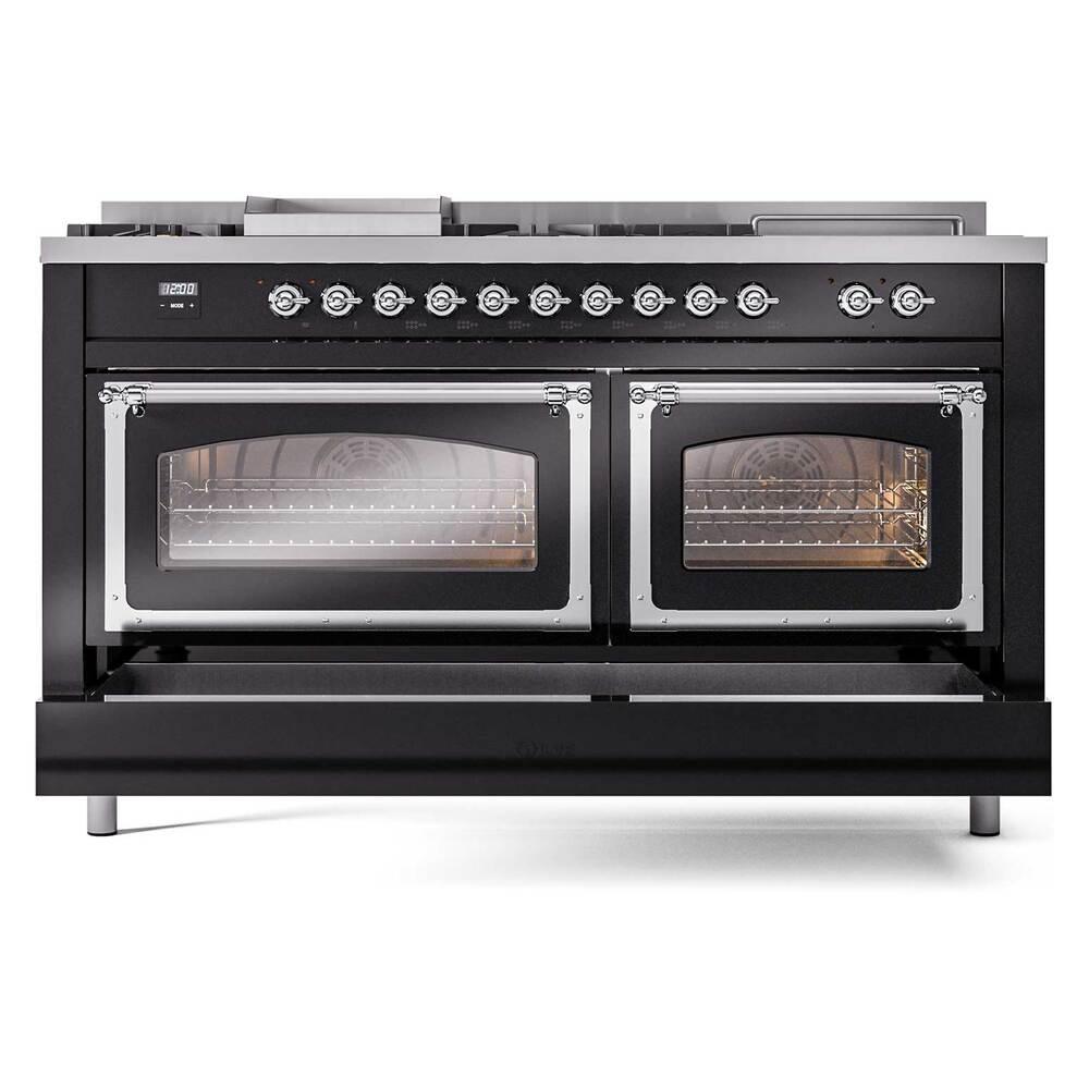Ilve UN60FSNMPBKCLP Ilve Un60Fsnmpbkclp Nostalgie Ii Noblesse 60" Dual Fuel Range (7 Sealed Burners + Griddle + French Top, Liquid Propane, Triple Glass Door, Glossy Black, Chrome)