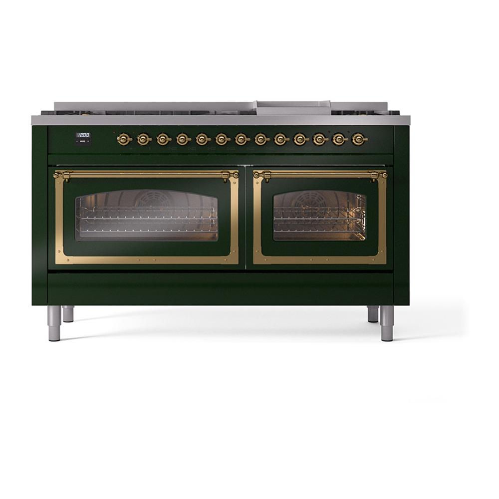 Ilve UN60FNMPEGGLP Ilve Un60Fnmpegglp Nostalgie Ii Noblesse 60" Dual Fuel Range (9 Sealed Burners + Griddle, Liquid Propane, Triple Glass Door, Emerald Green, Brass)