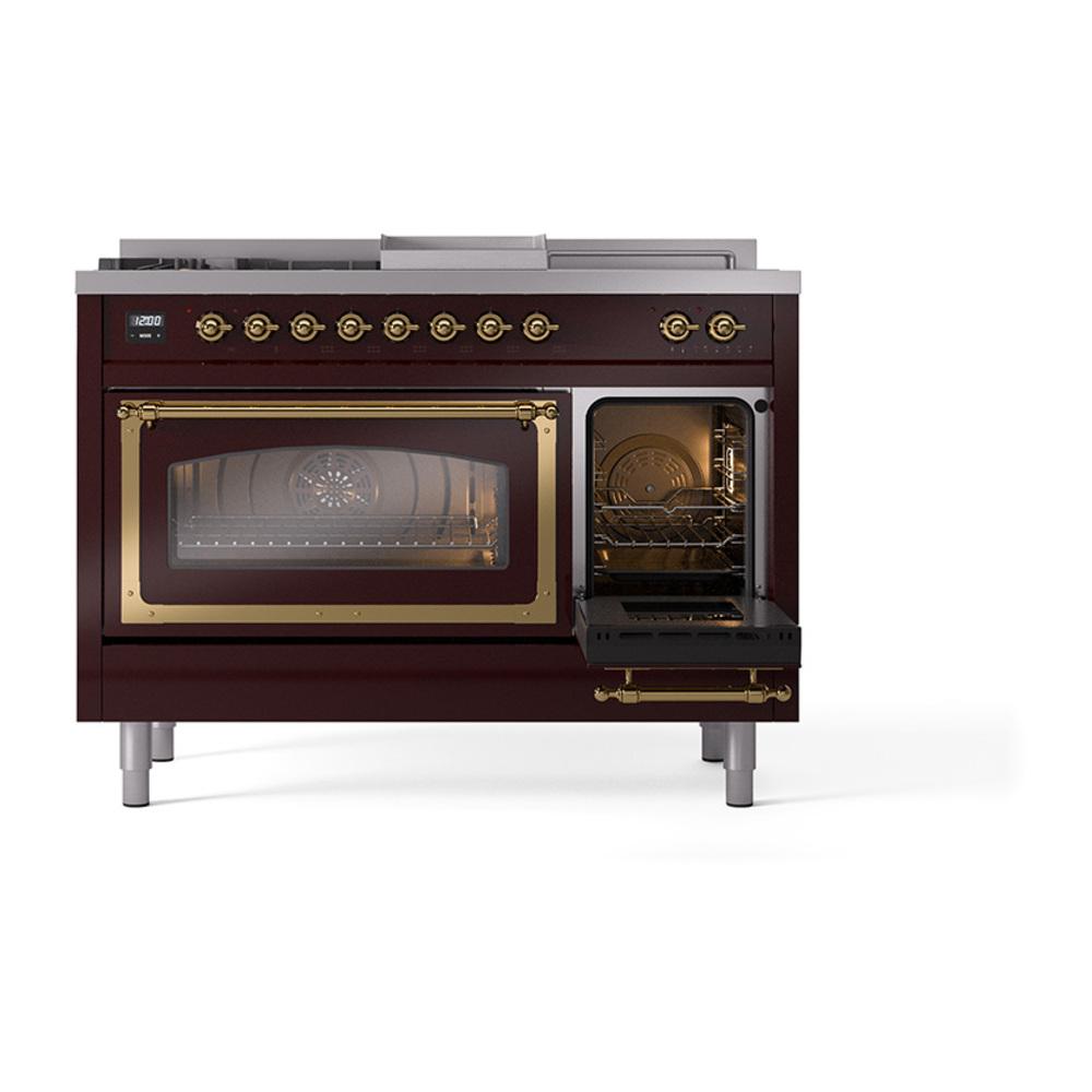 Ilve UN48FSNMPBUGLP Ilve Un48Fsnmpbuglp Nostalgie Ii Noblesse 48" Dual Fuel Range (5 Sealed Burners + Griddle + French Top, Liquid Propane, Triple Glass Door, Burgundy, Brass)
