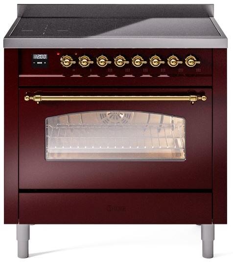 Ilve UPI366NMPBUG Nostalgie Ii 36 Inch Electric Freestanding Range In Burgundy With Brass Trim