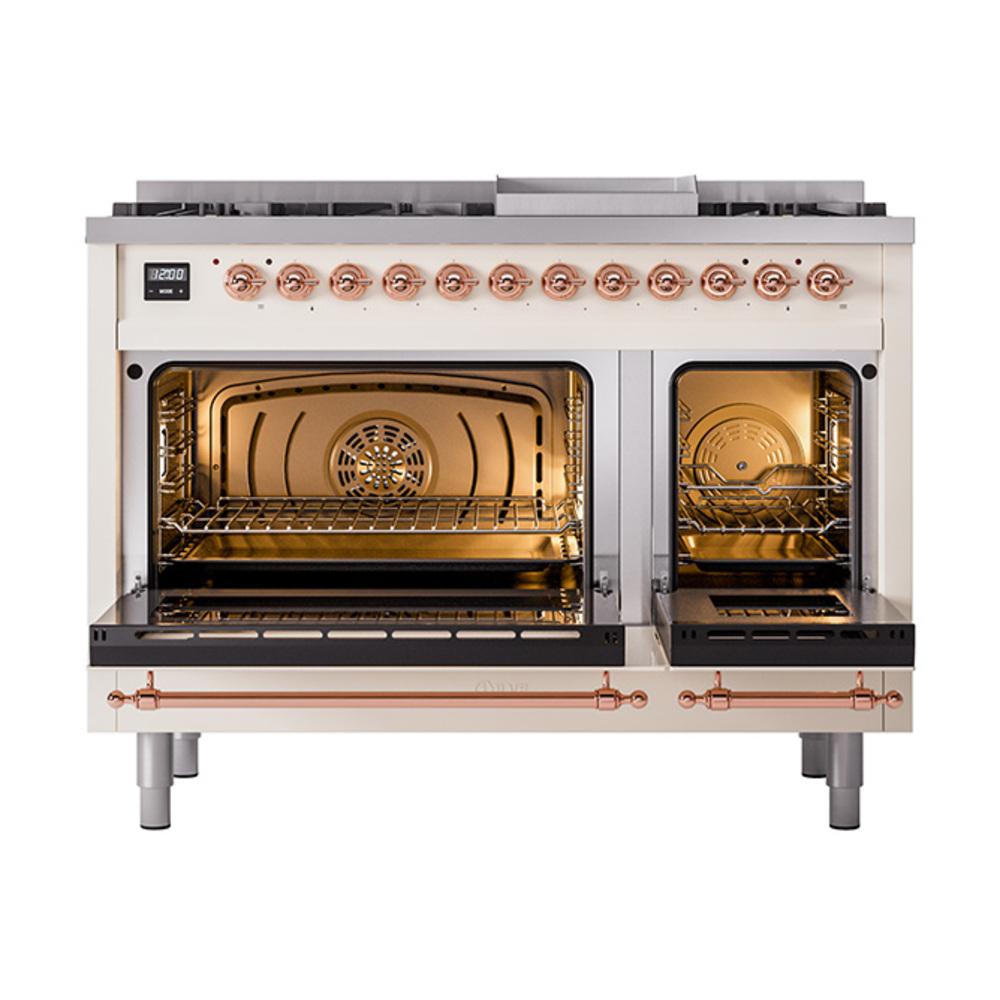Ilve UN48FQNMPAWP Ilve Un48Fqnmpawp Nostalgie Ii Noblesse 48" Dual Fuel Range (8 Sealed Burners + Griddle, Natural Gas, Solid Door, Antique White, Copper)