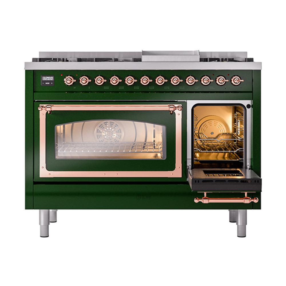 Ilve UN48FNMPEGP Ilve Un48Fnmpegp Nostalgie Ii Noblesse 48" Dual Fuel Range (8 Sealed Burners + Griddle, Natural Gas, Triple Glass Door, Emerald Green, Copper)