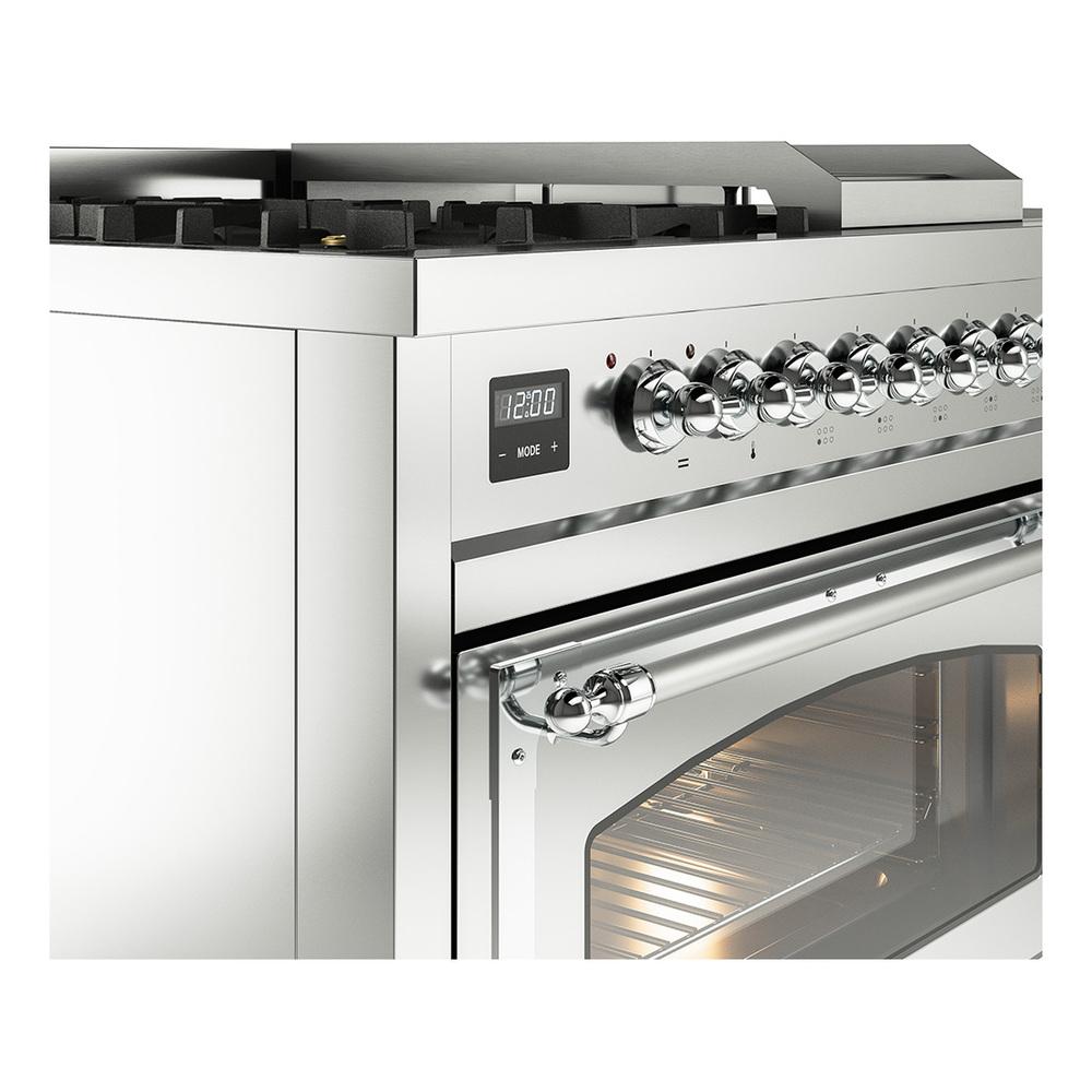 Ilve UN48FSNMPSSC Ilve Un48Fsnmpssc Nostalgie Ii Noblesse 48" Dual Fuel Range (5 Sealed Burners + Griddle + French Top, Natural Gas, Triple Glass Door, Stainless Steel, Chrome)