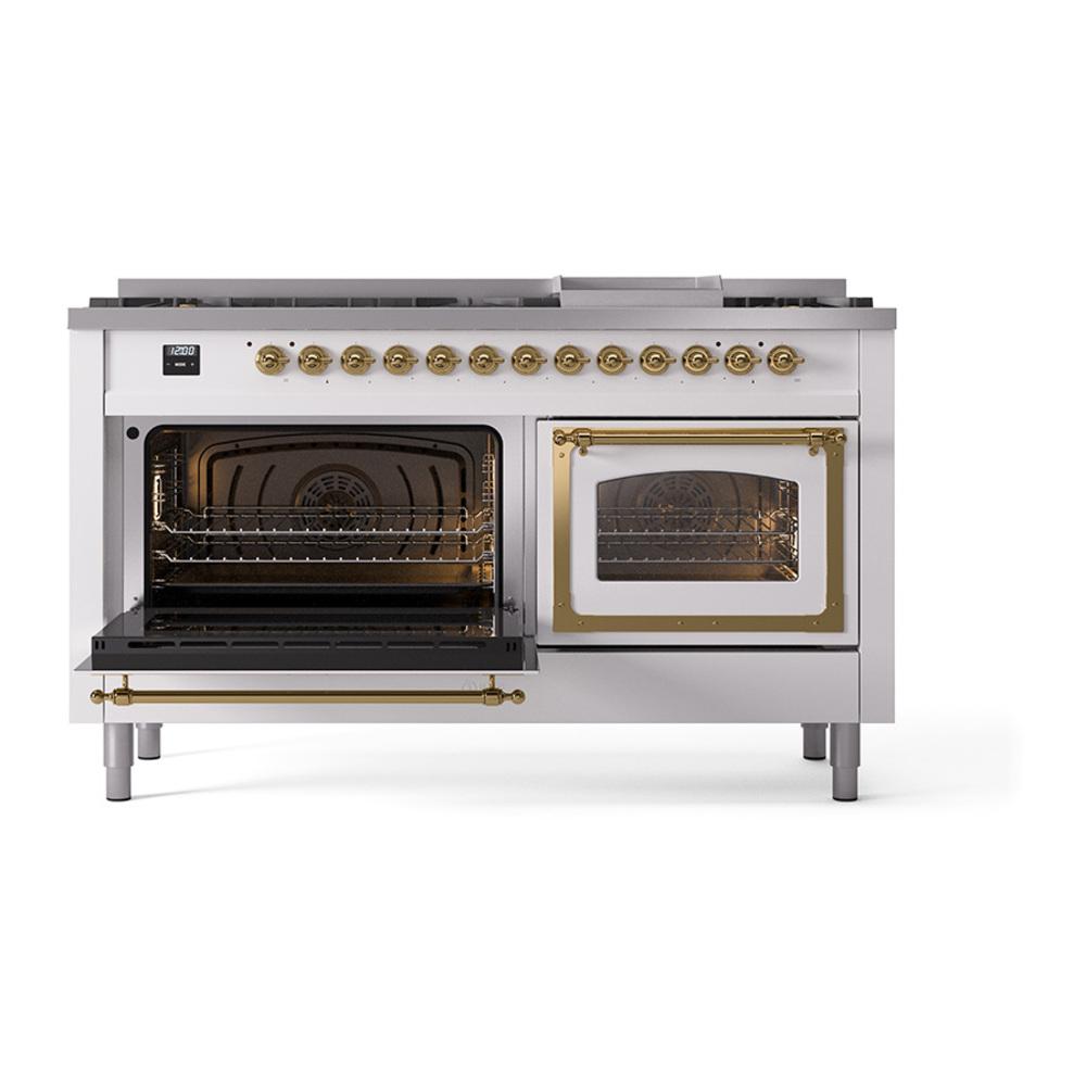 Ilve UN60FNMPWHG Ilve Un60Fnmpwhg Nostalgie Ii Noblesse 60" Dual Fuel Range (9 Sealed Burners + Griddle, Natural Gas, Triple Glass Door, White, Brass)