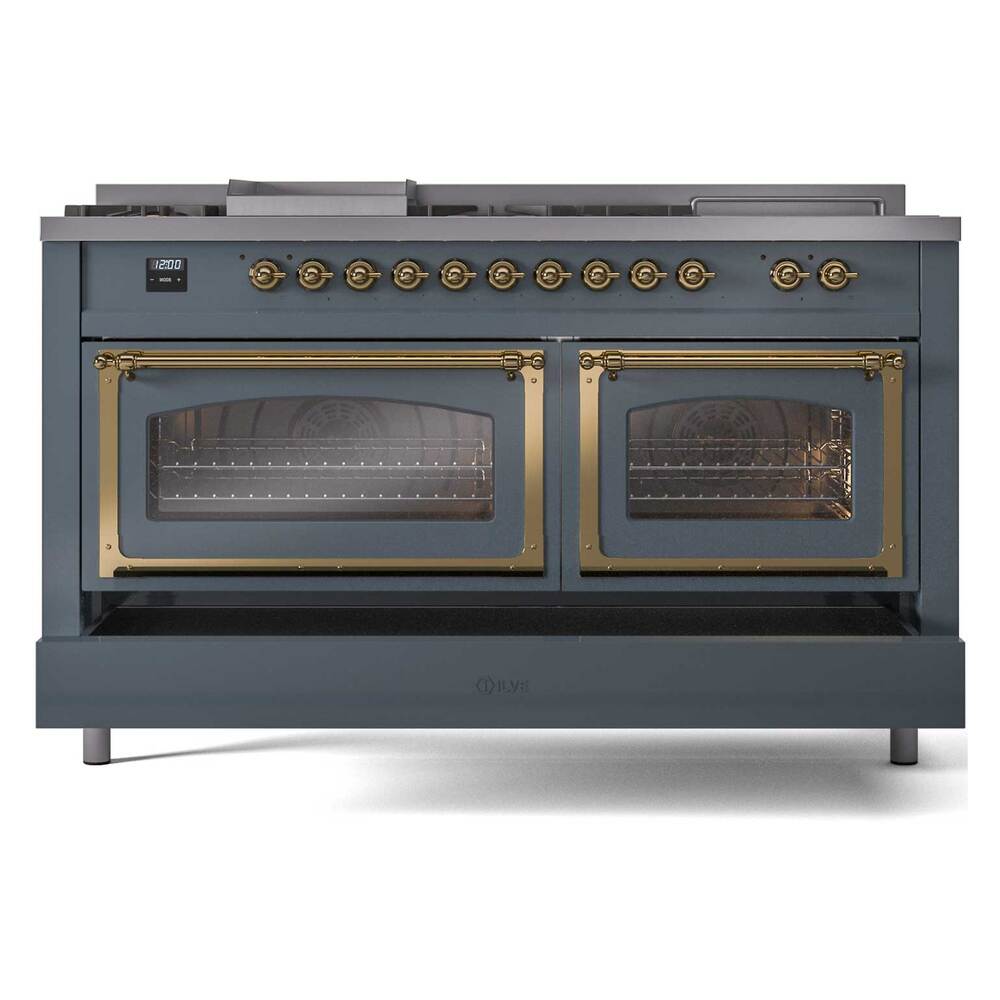 Ilve UN60FSNMPBGGLP Ilve Un60Fsnmpbgglp Nostalgie Ii Noblesse 60" Dual Fuel Range (7 Sealed Burners + Griddle + French Top, Liquid Propane, Triple Glass Door, Blue Grey, Brass)