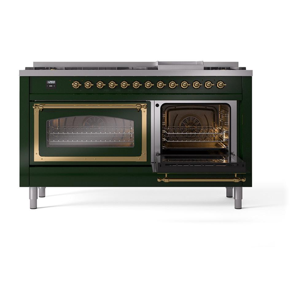 Ilve UN60FNMPEGGLP Ilve Un60Fnmpegglp Nostalgie Ii Noblesse 60" Dual Fuel Range (9 Sealed Burners + Griddle, Liquid Propane, Triple Glass Door, Emerald Green, Brass)