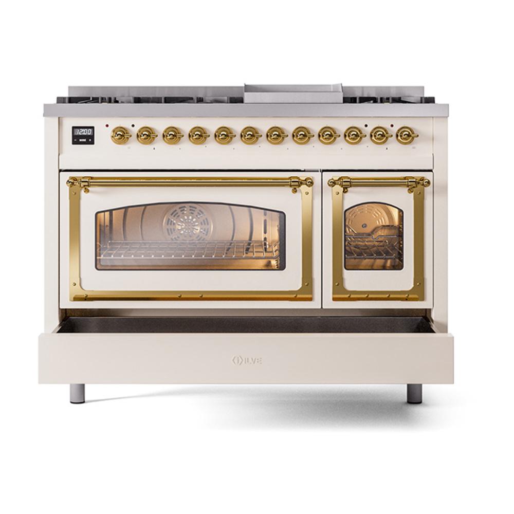 Ilve UN48FNMPAWGLP Ilve Un48Fnmpawglp Nostalgie Ii Noblesse 48" Dual Fuel Range (8 Sealed Burners + Griddle, Liquid Propane, Triple Glass Door, Antique White, Brass)