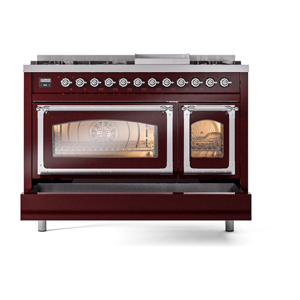 Ilve UN48FNMPBUC Ilve Un48Fnmpbuc Nostalgie Ii Noblesse 48" Dual Fuel Range (8 Sealed Burners + Griddle, Natural Gas, Triple Glass Door, Burgundy, Chrome)