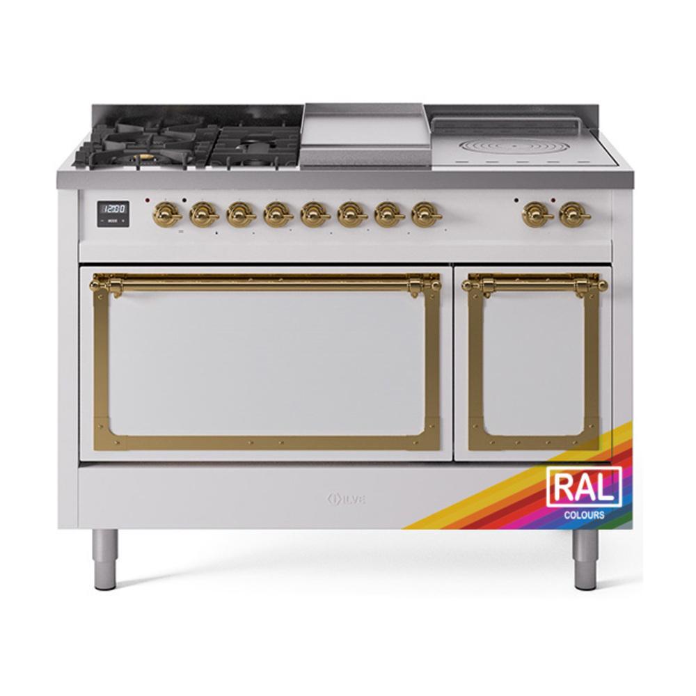 Ilve UN48FSQNMPRAG Ilve Un48Fsqnmprag Nostalgie Ii Noblesse 48" Dual Fuel Range (5 Sealed Burners + Griddle + French Top, Natural Gas, Solid Door, Ral, Brass)