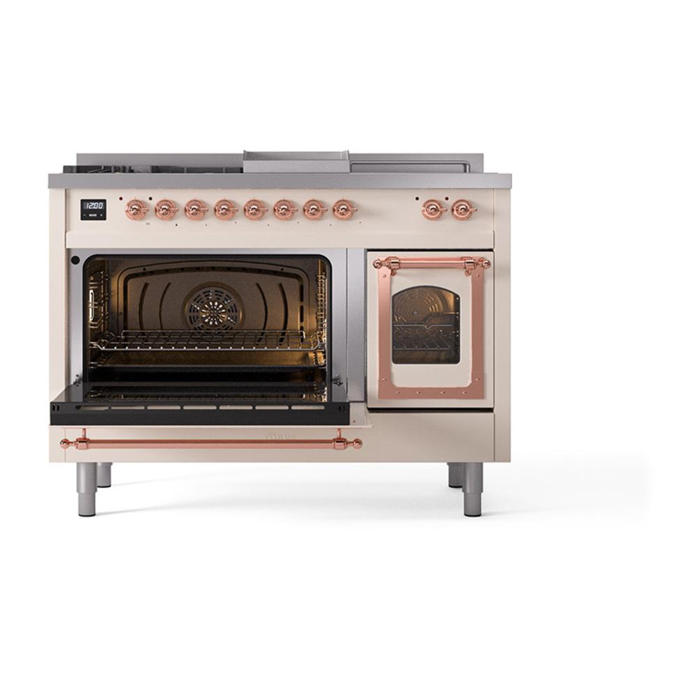 Ilve UN48FSNMPAWP Ilve Un48Fsnmpawp Nostalgie Ii Noblesse 48" Dual Fuel Range (5 Sealed Burners + Griddle + French Top, Natural Gas, Triple Glass Door, Antique White, Copper)