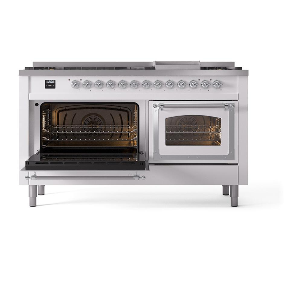 Ilve UN60FNMPWHCLP Ilve Un60Fnmpwhclp Nostalgie Ii Noblesse 60" Dual Fuel Range (9 Sealed Burners + Griddle, Liquid Propane, Triple Glass Door, White, Chrome)