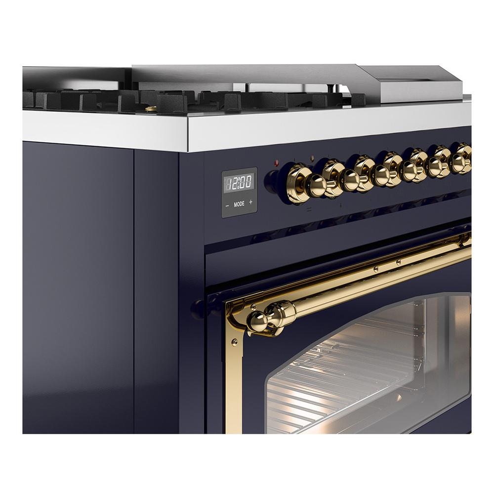 Ilve UN48FSNMPMBG Ilve Un48Fsnmpmbg Nostalgie Ii Noblesse 48" Dual Fuel Range (5 Sealed Burners + Griddle + French Top, Natural Gas, Triple Glass Door, Midnight Blue, Brass)