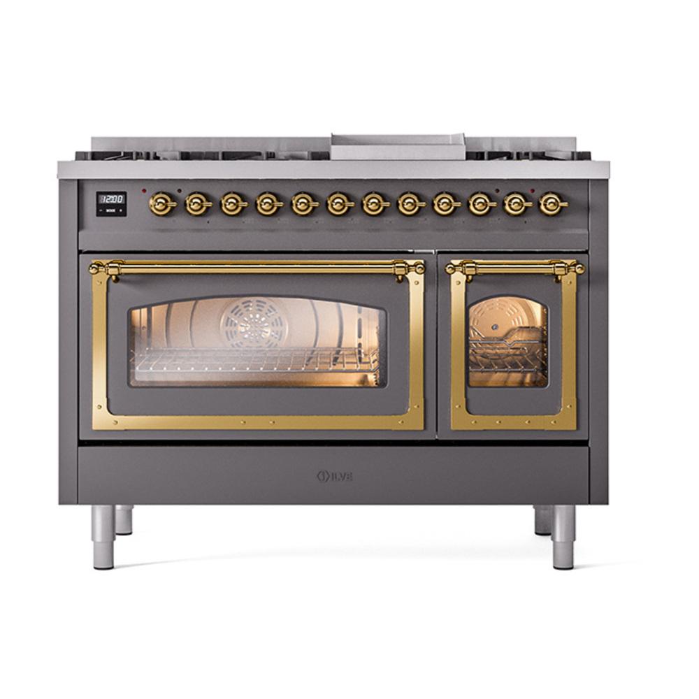 Ilve UN48FNMPMGGLP Ilve Un48Fnmpmgglp Nostalgie Ii Noblesse 48" Dual Fuel Range (8 Sealed Burners + Griddle, Liquid Propane, Triple Glass Door, Graphite Matte, Brass)