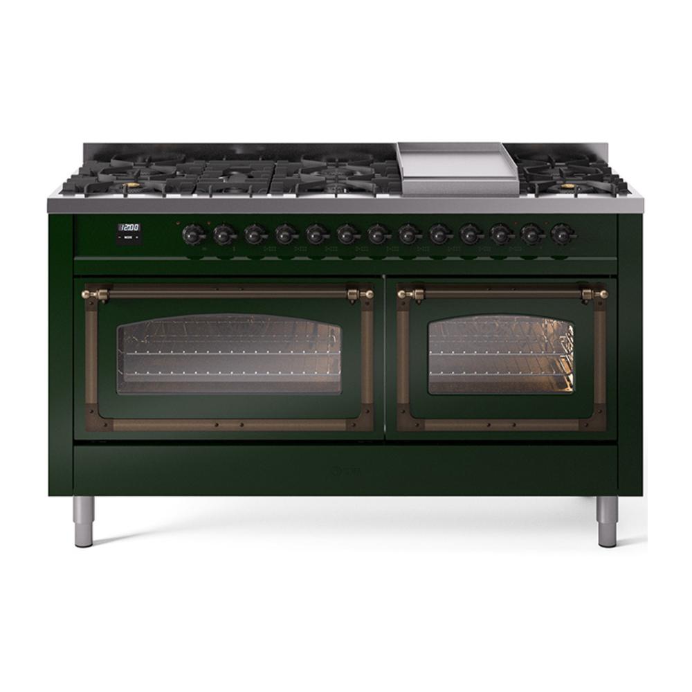 Ilve UN60FNMPEGB Ilve Un60Fnmpegb Nostalgie Ii Noblesse 60" Dual Fuel Range (9 Sealed Burners + Griddle, Natural Gas, Triple Glass Door, Emerald Green, Burnished)