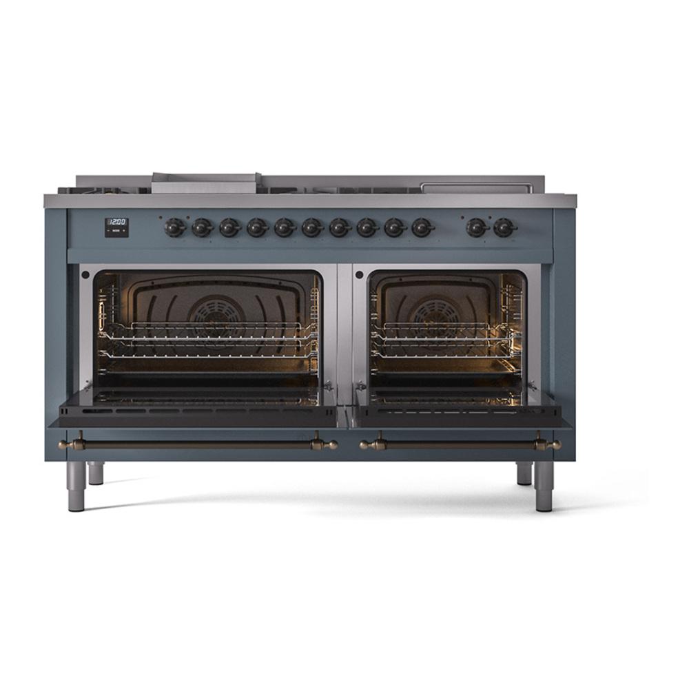 Ilve UN60FSQNMPBGBLP Ilve Un60Fsqnmpbgblp Nostalgie Ii Noblesse 60" Dual Fuel Range (7 Sealed Burners + Griddle + French Top, Liquid Propane, Solid Door, Blue Grey, Burnished)