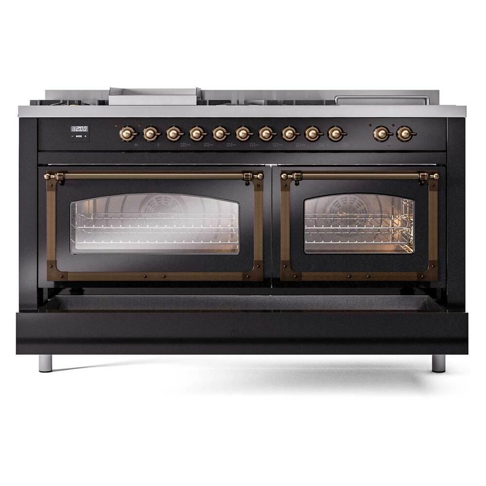 Ilve UN60FSNMPBKB Ilve Un60Fsnmpbkb Nostalgie Ii Noblesse 60" Dual Fuel Range (7 Sealed Burners + Griddle + French Top, Natural Gas, Triple Glass Door, Glossy Black, Burnished)