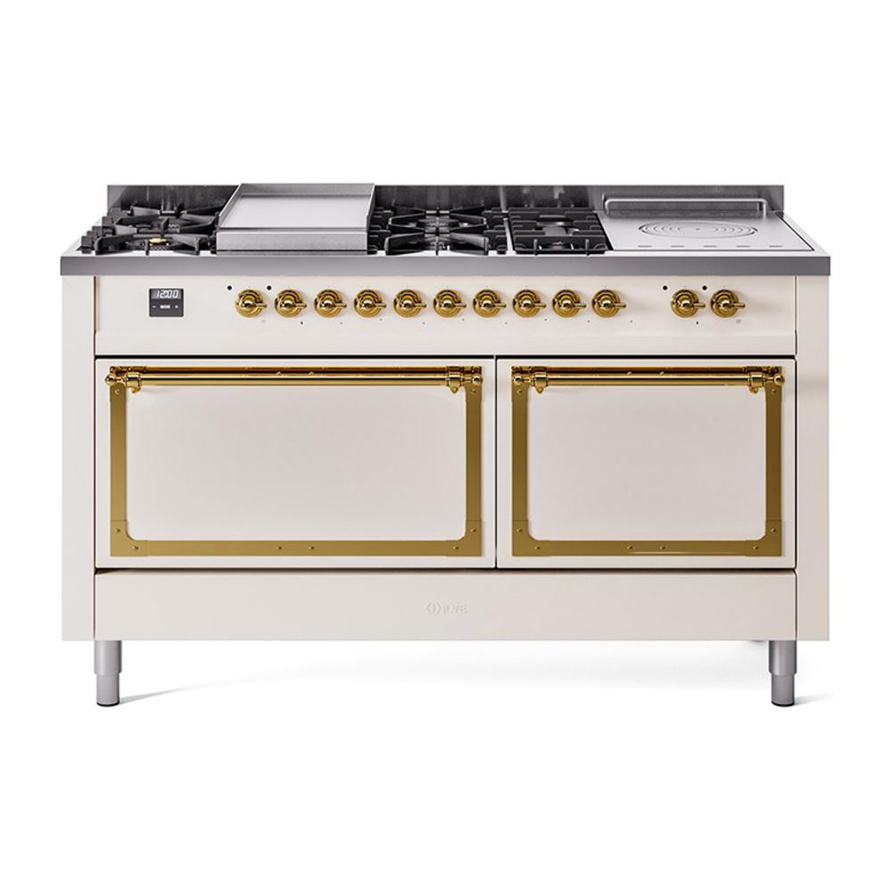 Ilve UN60FSQNMPAWG Ilve Un60Fsqnmpawg Nostalgie Ii Noblesse 60" Dual Fuel Range (7 Sealed Burners + Griddle + French Top, Natural Gas, Solid Door, Antique White, Brass)
