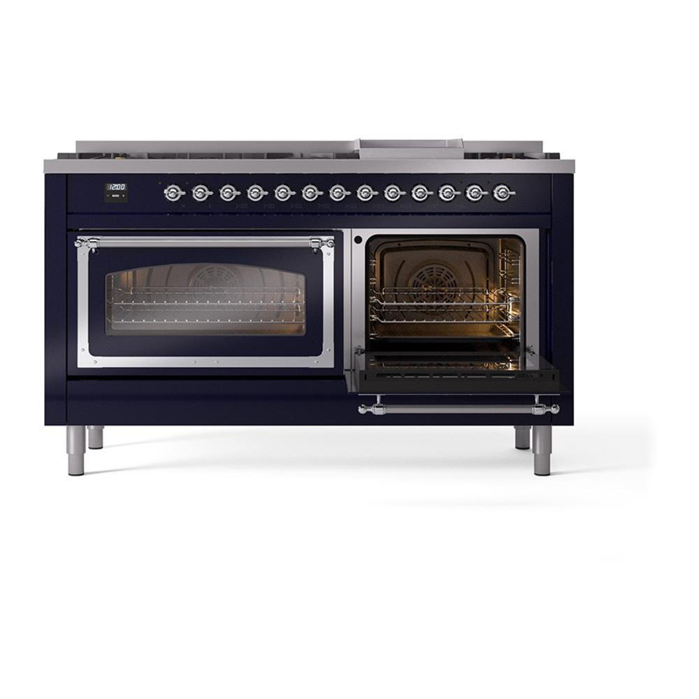 Ilve UN60FNMPMBCLP Ilve Un60Fnmpmbclp Nostalgie Ii Noblesse 60" Dual Fuel Range (9 Sealed Burners + Griddle, Liquid Propane, Triple Glass Door, Midnight Blue, Chrome)