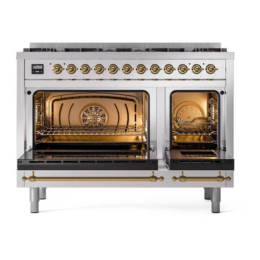 Ilve UP488NMPSSG Ilve Up488Nmpssg Nostalgie Ii 48 Inch Dual Fuel Range With 8 Total Black Brass Sealed Burners, Brass Trim (Limited Edition) (Natural Gas, Stainless Steel)