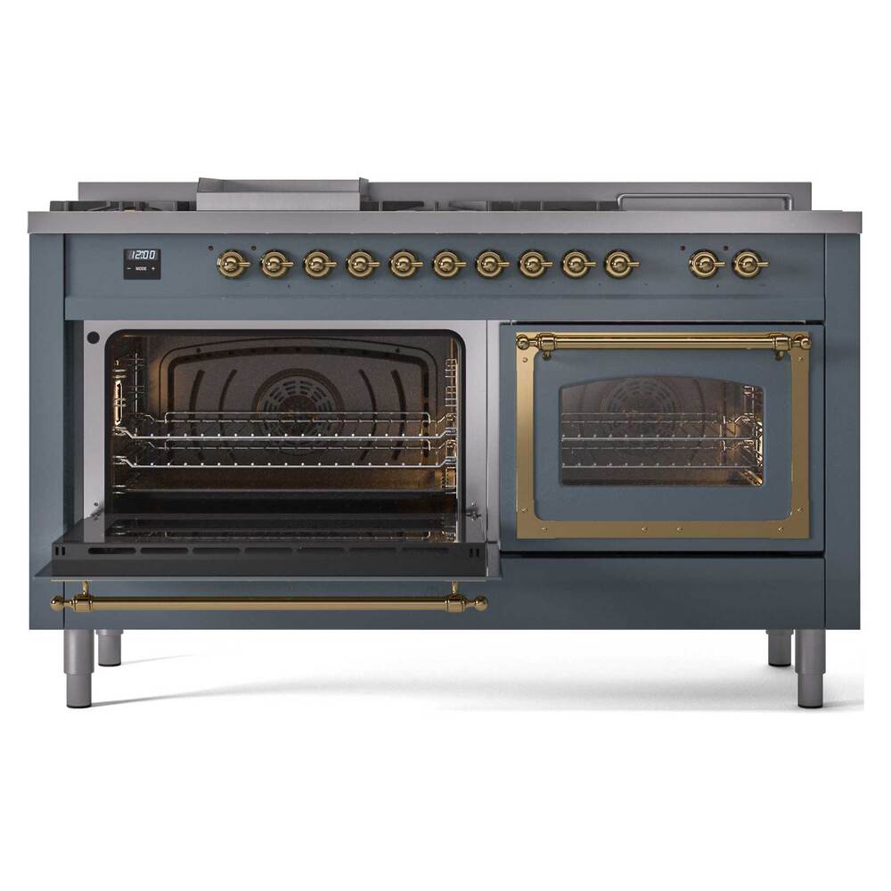 Ilve UN60FSNMPBGG Ilve Un60Fsnmpbgg Nostalgie Ii Noblesse 60" Dual Fuel Range (7 Sealed Burners + Griddle + French Top, Natural Gas, Triple Glass Door, Blue Grey, Brass)