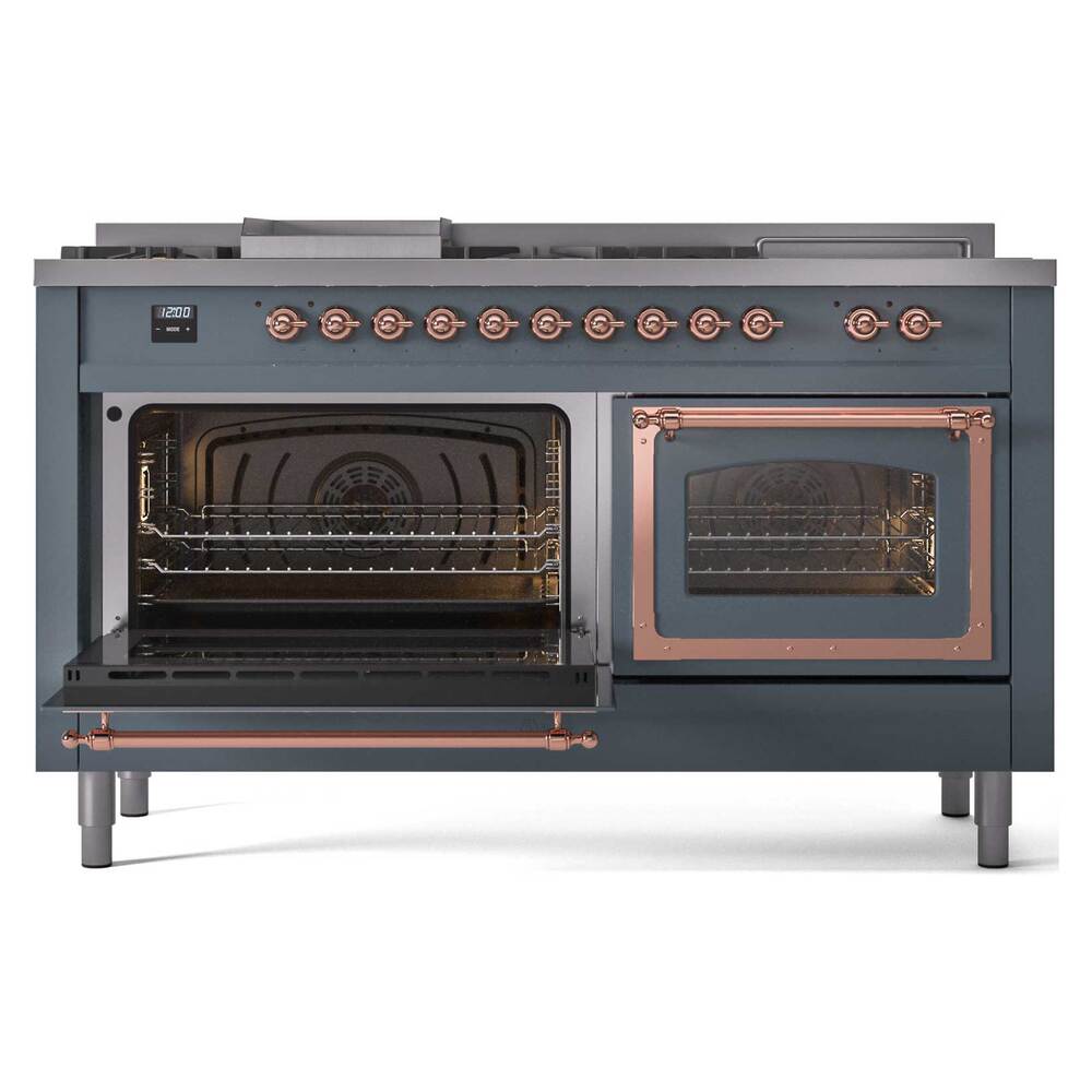 Ilve UN60FSNMPBGP Ilve Un60Fsnmpbgp Nostalgie Ii Noblesse 60" Dual Fuel Range (7 Sealed Burners + Griddle + French Top, Natural Gas, Triple Glass Door, Blue Grey, Copper)