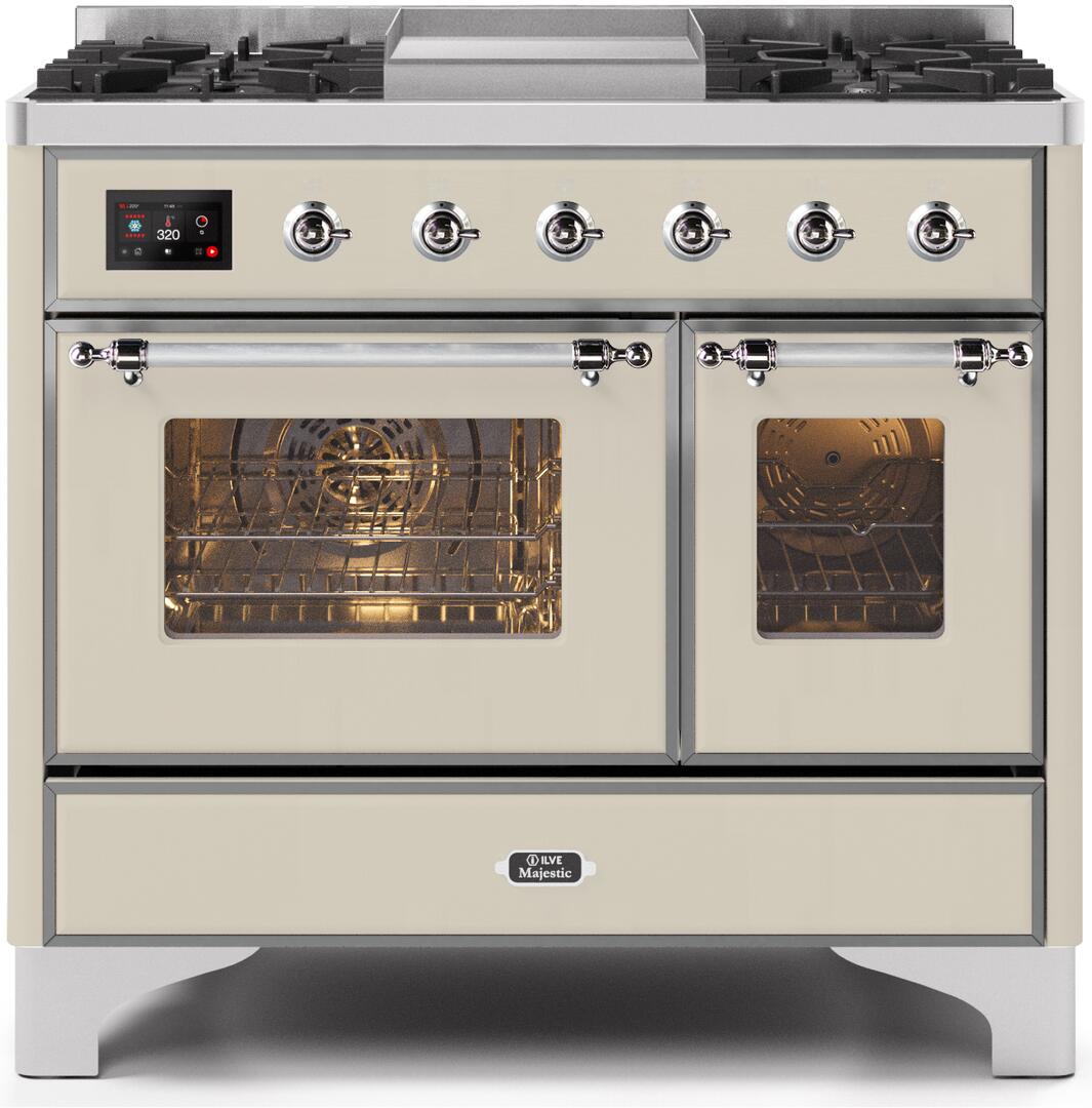 Ilve UMD10FDNS3AWCLP Majestic Ii 40 Inch Dual Fuel Liquid Propane Freestanding Range In Antique White With Chrome Trim